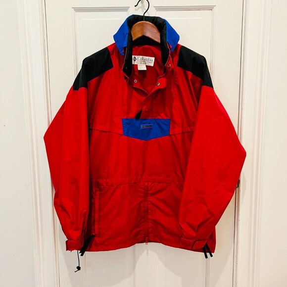 Vintage Colombia Pullover Anorak Jacket Coat Men’s L Red Blue Kangaroo Pocket - Picture 3 of 16